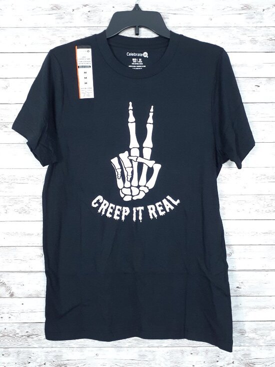 Celebrate It Other - Halloween Adult Crew Neck T-Shirt M Tee Creep It Real Skeleton Black 991A